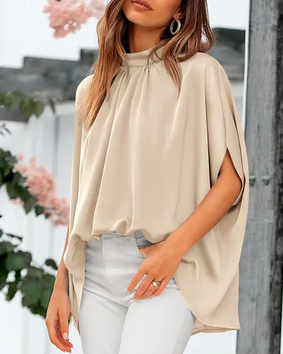 Vista 125 de BTFBM Blusas de verano para mujer, cuello alto falso, manga murciélago, holgadas, dobladillo alto y bajo, blusas informales de gran