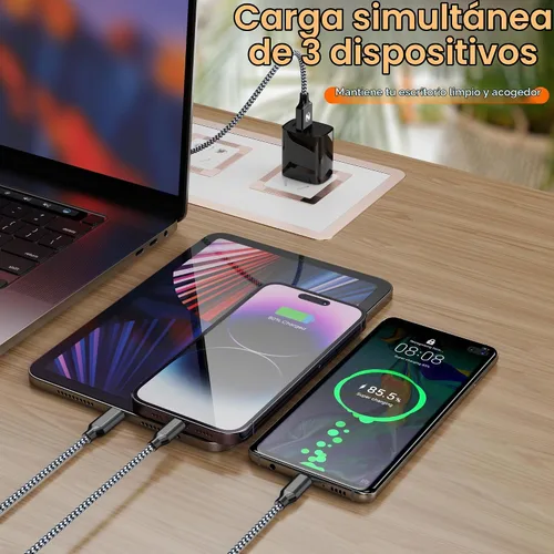 Vista 4 de Cable de carga múltiple de 10 pies, paquete de 2 unidades, cargador USB 3 en 1, cable de carga largo multi iPhone de nylon trenzado, certificado