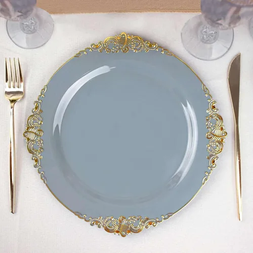 Vista 18 de Efavormart - Paquete de 10 platos de postre barrocos negros y dorados de 8 pulgadas, platos de aperitivo resistentes con borde metálico en relieve