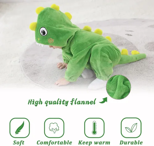 Vista 4 de TONWHAR Disfraz de Halloween para bebés y niños pequeños, traje de nieve para niños (12-18 mesesaltura 74 a 31.1 in, dinosaurio verde claro)