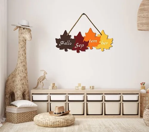 Vista 3 de KPSheng Letrero colgante de madera con texto en inglés «Hello September» para colgar en la puerta, diseño rústico de hoja de arce para decoración