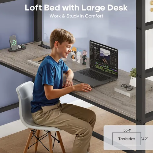 Vista 4 de ADORNEVE Cama tipo loft de tamaño matrimonial con escritorio y 8 cajones de Gris