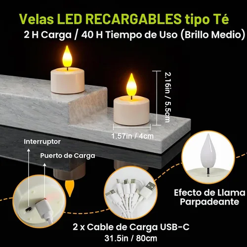Vista 3 de PChero Paquete de 6 velas de té recargables con temporizador remoto, USB-C