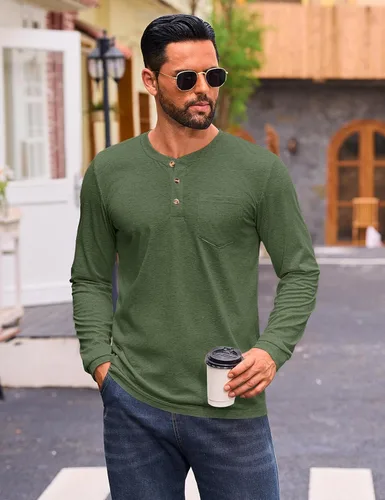 Vista 3 de CRYSULLY Camisa de manga larga para hombre, de algodón, con bolsillo de 3 botones, camisetas casuales elegantes ligeras tipo pullover