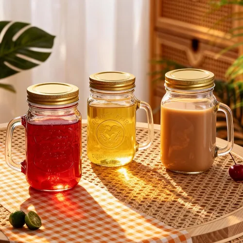 Vista 7 de Vaso de vidrio transparente vacío de 16.2 fl oz/16 oz con asa y tapa de rosca de metal, vasos para beber cerveza, vasos para beber té con leche