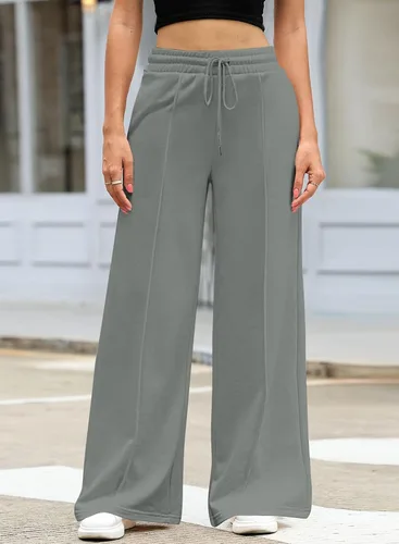 Vista 4 de Aleumdr Pantalones deportivos de cintura alta con cordón y pierna ancha con bolsillos, pantalones de yoga sueltos casuales para mujer