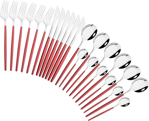 Vista 8 de Juego de cubiertos de 24 piezas, juego de cubiertos de acero inoxidable con espejo, cucharas, tenedores, cuchillos, diseño moderno, servicio para 6
