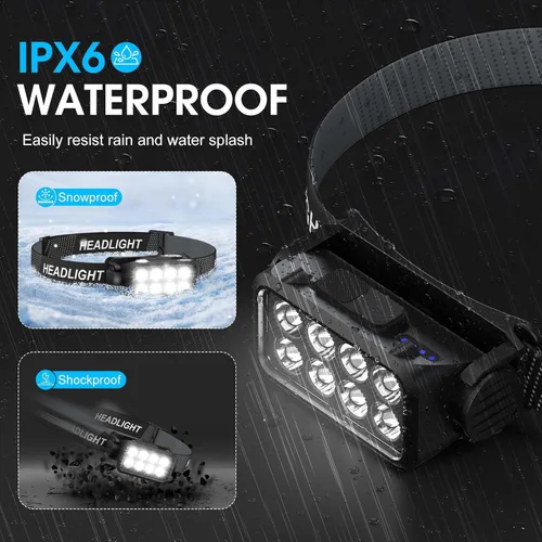 Vista 6 de Linterna frontal recargable 2 unidades, 8 LED, 2500 lúmenes, lámpara de cabeza ultraligera y brillante con sensor de movimiento, impermeable