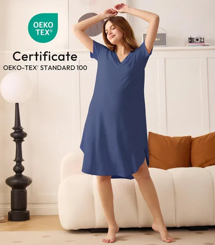 Vista 2 de NACHILA Camisones para mujer, viscosa hecha de bambú, cuello en V, manga corta, ropa de dormir fresca