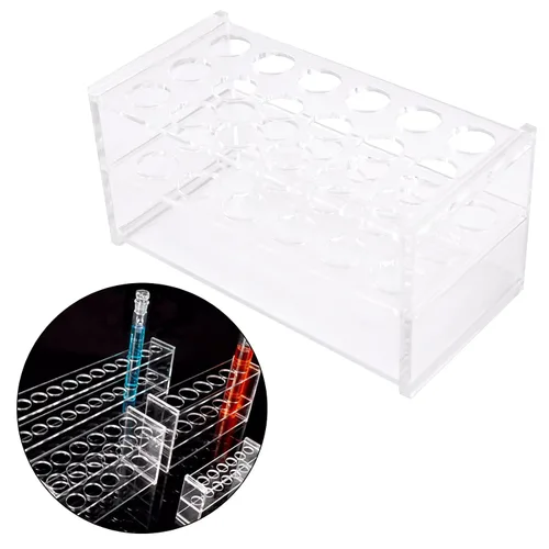 Vista 5 de RUIAN Soporte de tubo de ensayo de acrílico para laboratorio, 18 pocillos, 0.669 in de diámetro para tubos de centrífuga de 0.3 fl oz, transparente