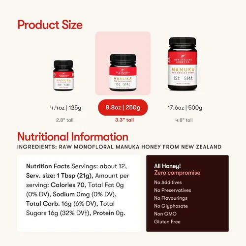 Vista 3 de New Zealand Honey Co. Miel de manuka cruda UMF 15+ MGO 514+, certificado UMF / 8.8oz