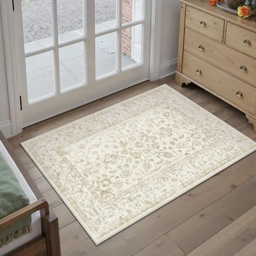 Vista 152 de PureCozy Alfombra de área beige de 2 x 3 pulgadas, lavable, vintage, pequeña, para entrada, cocina, suave, retro, floral, de pelo bajo, tapete