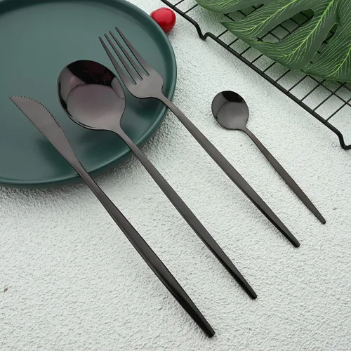 Vista 5 de Juego de cubiertos de 24 piezas, juego de cubiertos de acero inoxidable con espejo, cucharas, tenedores, cuchillos, diseño moderno, servicio para 6