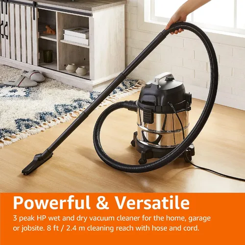 Vista 9 de Amazon Basics Aspiradora Húmeda/Seca, 4 galones, 3 HP, Acero Inoxidable, Gris/Negro