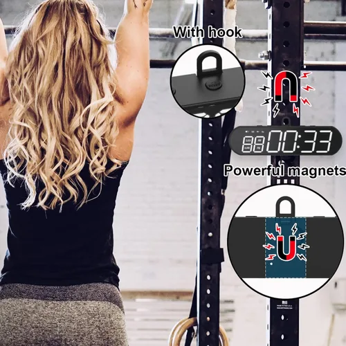 Vista 3 de Temporizador portátil de gimnasio, imán recargable por USB, reloj de entrenamiento con intervalo de exhibición grande, cronómetro con zumbador