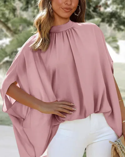 Vista 53 de BTFBM Blusas de verano para mujer, cuello alto falso, manga murciélago, holgadas, dobladillo alto y bajo, blusas informales de gran