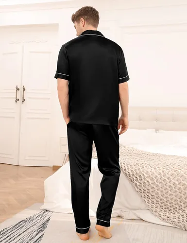 Vista 4 de SWOMOG Conjunto de pijama de satén sedoso para hombre, manga corta, ropa de dormir clásica con botones y pantalones largos