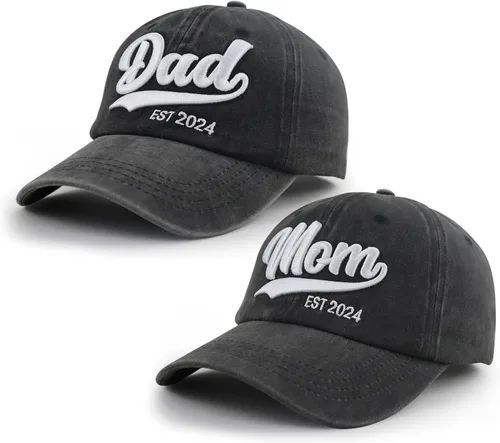 Vista 2 de Gorra de béisbol de 2 piezas para mamá y papá EST 2024, bordada en 3D, ajustable, de algodón lavado, regalos para nuevos padres