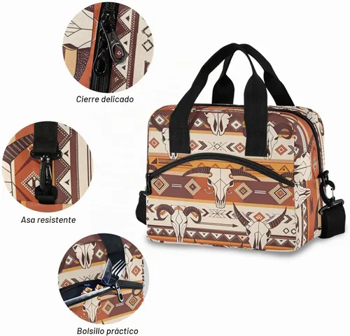 Vista 5 de Bolsa de almuerzo azteca occidental, aislada, impermeable, reutilizable, duradera, portátil, grande, con correa para mujeres y hombres