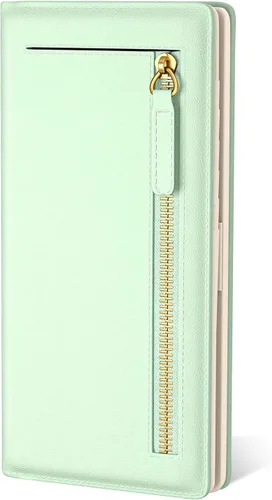 Vista 17 de Billetera de cuero genuino de lujo para mujer con bloqueo RFID, compacta, plegable, con ventana para identificación, Gato negro, Moderno