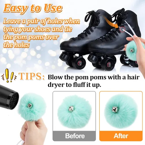 Vista 7 de PAMASE Pompones para Patines de Ruedas para Niñas y Mujeres - 6 Pares de Pompones Esponjosos y Coloridos con Cascabeles, Cordones de Zapatos