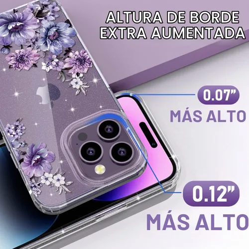 Vista 4 de OKP Funda 3 en 1 para iPhone 14 Pro Max, con protector de pantalla/protector de lente de cámara, bonito patrón floral, transparente, brillante