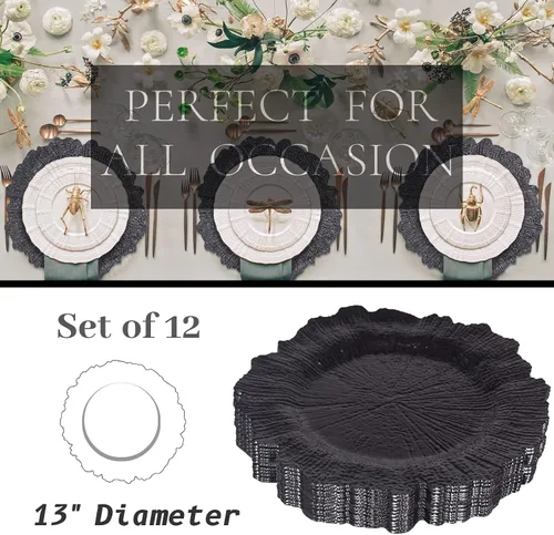 Vista 4 de MAONAME platos de carga negros de 13", platos base redondos de arrecife para platos de cena, platos de carga de plástico para decoración de mesa