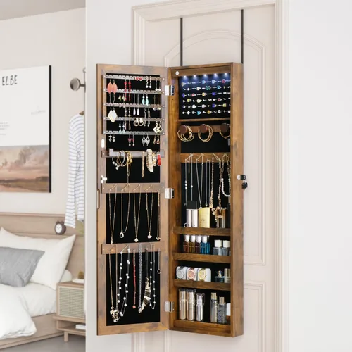 Vista 5 de Armario organizador de joyas con espejo de longitud completa, con cerradura, montaje en pared, con estantes y almacenamiento detrás de la puerta