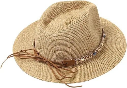 Vista 8 de Nollia Sombrero de vaquero de paja occidental para mujer, sombrero de sol de ala ancha con 3 bandas de cuentas intercambiables, ajuste ajustable