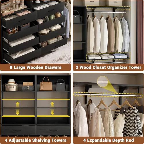 Vista 3 de Aheaplus Sistema de Armario con 8 Cajones de Madera, Sistema Organizador de Armario de Madera con Torre, Organizador de Vestidor Perchero de Armario