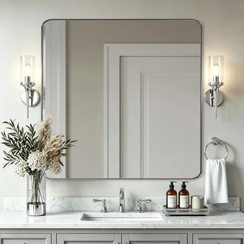 Vista 36 de ANDY STAR Espejo de pared cuadrado para baño, espejo de baño negro mate de 24 x 24 pulgadas, espejo de metal de esquina redondeada en marco de acero