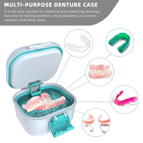 Vista 3 de ARGOMAX Taza de baño de prótesis a prueba de fugas, caja de dentadura portátil para remojo, caja de baño de dentadura con colador, para dentaduras