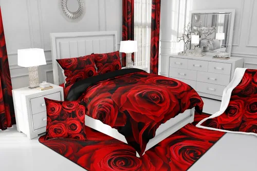 Vista 5 de Juego de edredón de rosas rojas, tamaño individual, juego de ropa de cama floral rojo degradado negro para niñas, mujeres, niños, adolescentes