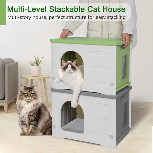 Vista 5 de Casa de plástico para gatos al aire libre e interior, casas impermeables para gatos con puerta de escape, casa resistente para gatos al aire libre
