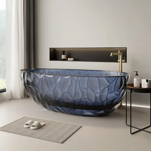 Vista 13 de Bañera independiente transparente de 67 pulgadas – Bañera de superficie sólida de diseño con textura ondulada, bañera de remojo extra profunda