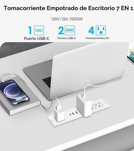 Vista 2 de VILONG Regleta de alimentación empotrada con PD 20W USB-C, salida de cajón empotrada, 4 tomas de corriente y 3 puertos USB, regleta de alimentación