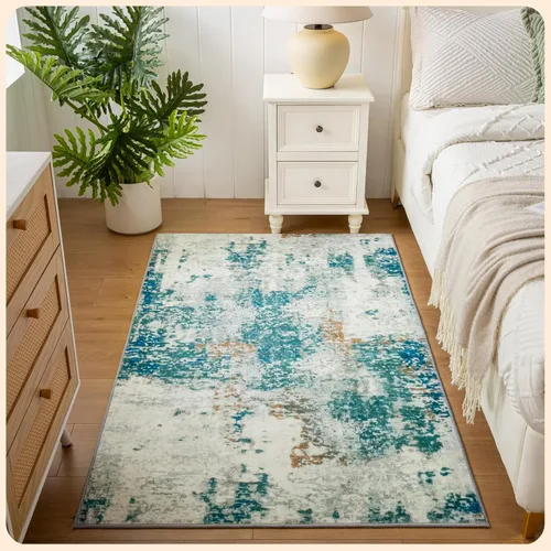 Vista 9 de Istana Alfombra larga antideslizante de 2.5 x 8 para el hogar, para pasillo y cocina, lavable, sedosa y suave al tacto, elegante, color azul y marfil