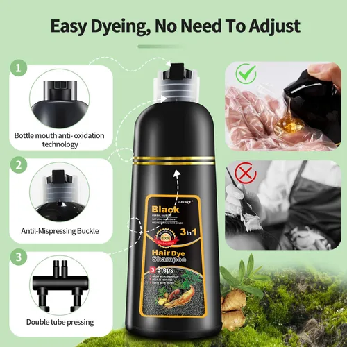 Vista 4 de leorx - Paquete de 2 champús de tinte para el cabello negro, 3 en 1, tinte de champú para cobertura de canas, coloración herbaria instantánea