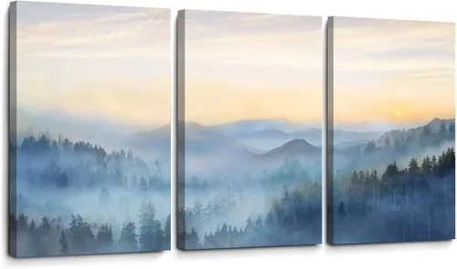 Vista 18 de Decoración de pared para dormitorio, 3 paneles, estampado de bosque brumoso con salida del sol, arte de pared para sala de estar, baño, lienzo