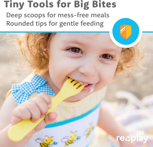 Vista 4 de Re-Play Juego de tenedores y cucharas para niños pequeños, juego de utensilios de 6 x 6 pulgadas para niños, apto para lavavajillas y microondas