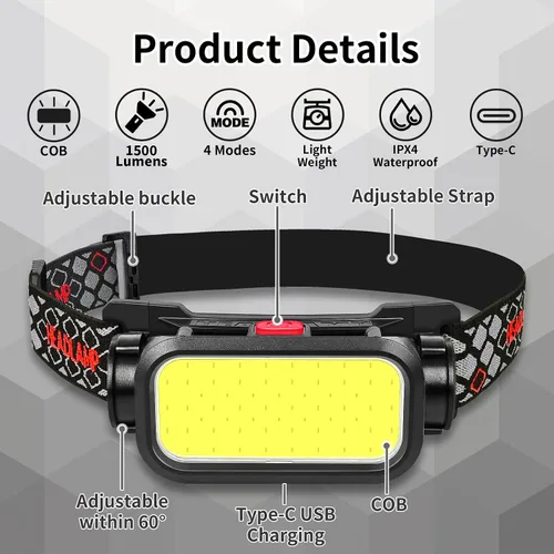 Vista 2 de Faro LED de alto lúmenes con sensor de movimiento súper brillante, 3 modos de iluminación, pantalla digital, recargable, lámpara de cabeza