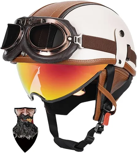 Vista 15 de Cascos Moto Retro Jet Vintage Medio, DOT Homologado Visera Retráctil PC y Hebilla Rápida, Desmontable para Hombre Mujer Adultos, Scooter Crucero