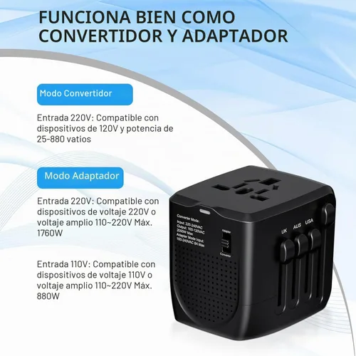 Vista 5 de Convertidor de viaje convertidor de voltaje convertidor de voltaje que reduce 220 voltios a 110 voltios para su uso en más de 200 países, incluidos
