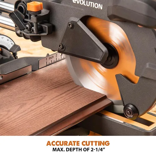 Vista 6 de Sierra de inglete deslizante Evolution Power Tools R185SMS+ con corte multimaterial, bisel de 45 grados, inglete de 50 grados, deslizamiento de 210
