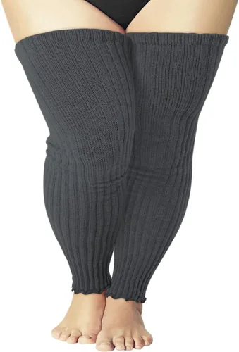 Vista 9 de Calentadores de piernas de talla grande para mujer, calcetines de punto por encima de la rodilla sin pies para muslos gruesos C01-negro/gris oscuro