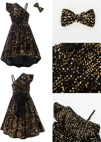 Vista 5 de GRACE KARIN Vestido de lentejuelas de un hombro para niñas, vestido de fiesta alto y bajo para 5-14 años