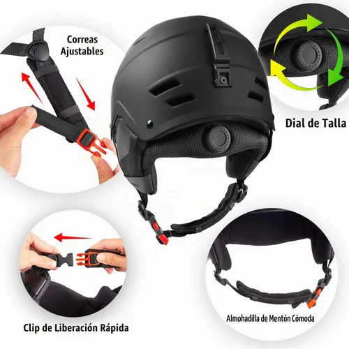 Vista 4 de Casco de esquí, casco de snowboard, casco de deportes de nieve, compatible con audio para hombres, mujeres y jóvenes Negro mate