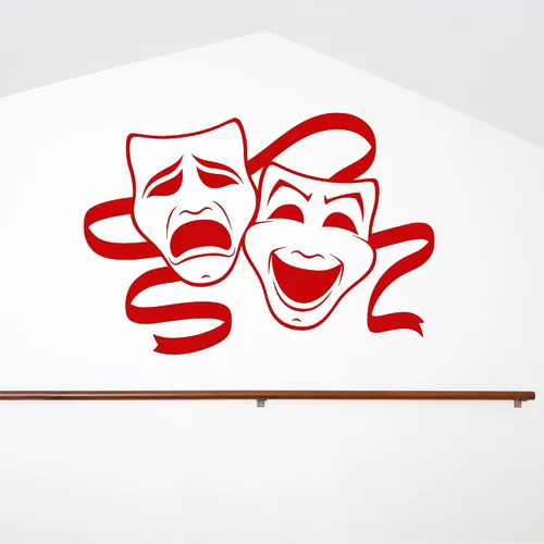 Vista 2 de Calcomanía de vinilo para pared de dos máscaras teatrales, arte de pared de teatro dramático y comedia, calcomanía de símbolo de artes escénicas