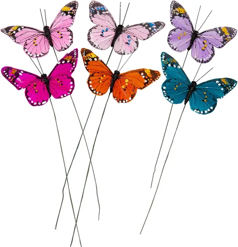 Vista 12 de YCHTEWY - Decoración de mariposa monarca, juego de 12 decoraciones de mariposa de plumas con clip, 3.75", naranja..
