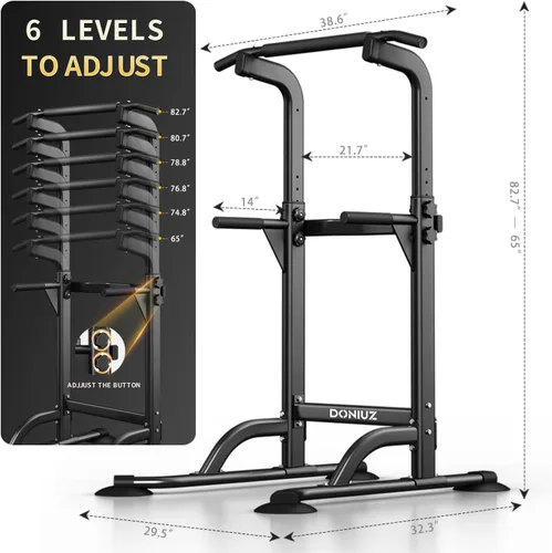 Vista 4 de DONIUZ Torre de Potencia Barra de Dominadas y Estación de Fondos, Gimnasio Multifuncional para Casa, Equipo de Entrenamiento de Fuerza, Altura Negro